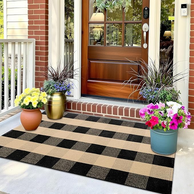 OLANLY Buffalo Plaid Rug 3' x 5' | Brown and Black Cotton Checkered Doormat, Washable Indoor Outdoor Rug for Layered Front Porch, Kitchen, Entryway Decor