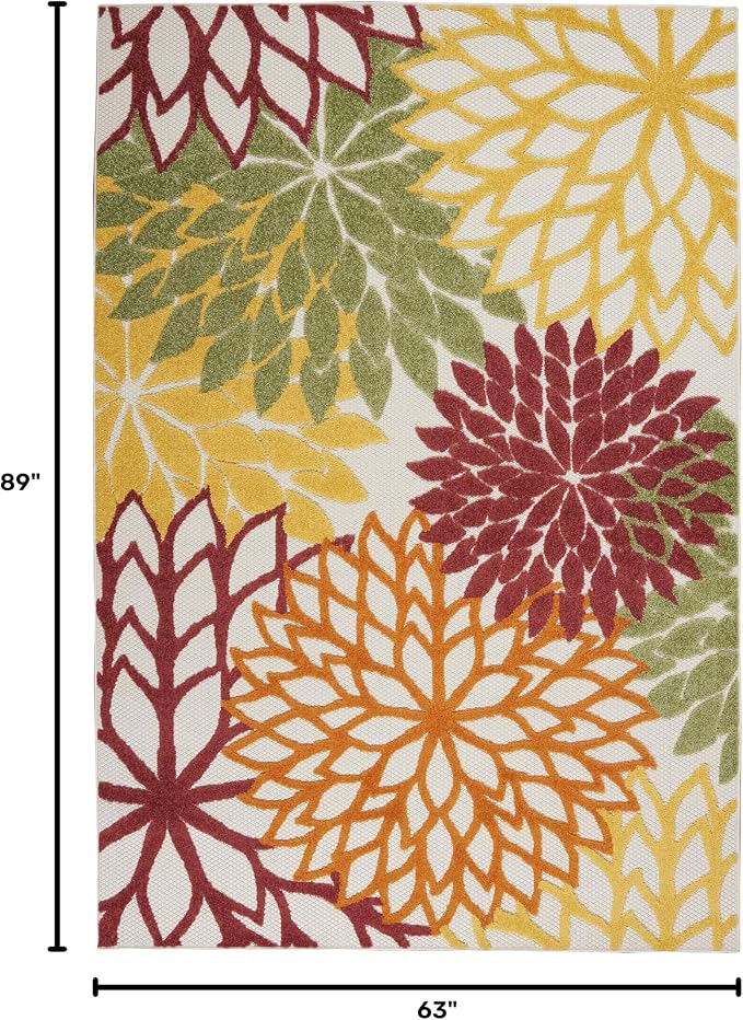 Nourison Home Aloha Indoor/Outdoor Red Multi Colored 5'3" x 7'5" Area Rug, Tropical, Botanical, Easy Cleaning, Non Shedding, Bed Room, Living Room, Dining Room, Deck, Backyard, Patio (5x7)