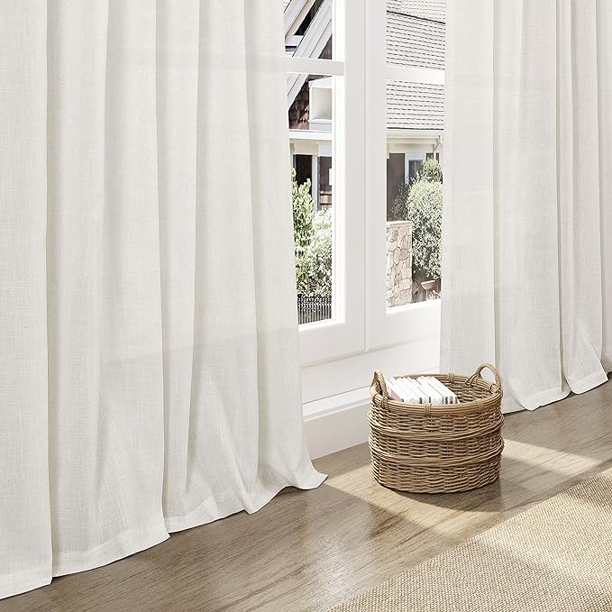 Cream Linen Curtains 66 Inch Length for Living Room 2 Panels Set Neutral Modern Farmhouse Window Curtain Semi Sheer Light Filtering Privacy Back Tab Rod Pocket Drapes for Bedroom Natural Ivory 52x66