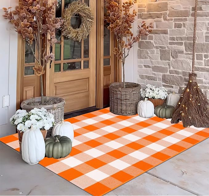 Orange and White Outdoor Rug 3'x5',Farmhouse Checkered Front Porch Rug Woven Washable Front Door Mat Outdoor for Halloween Mat,Bedroom,Entryway,Patio