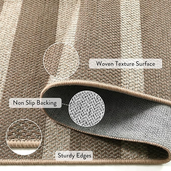 Lahome Striped Easy Jute Outdoor Porch Rug, 5x7 Dining Room Washable Rugs | Patio Area Rug, Modern Farmhouse Neutral Non Slip Stain Resistance Indoor Carpet for Office Deck Classroom Living Room, Khaki