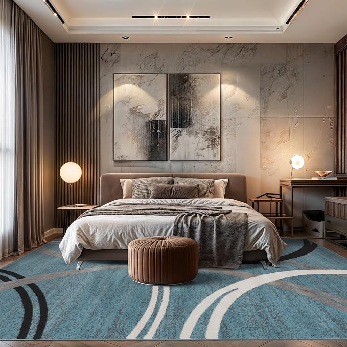Rugshop Wavy Circles Modern Non-Shedding Area Rug Blue 7'10" x 10'2" | Rectangular, Size 7'10" x 10'2", Living Room, Bedroom, Dining Room, Home Office, Kitchen, Entryway, Hallway, Nursery, Bedside