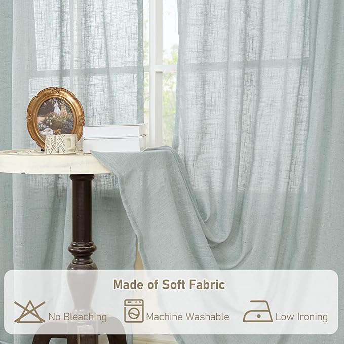 LAMIT Living Room Linen Curtains 95 Inch for Bedroom, Back Tab and Rod Pocket Linen Textured Sheer Panels Light Filtering Burlap Drapes for Farmhouse, 2 Panels, 52 x 95 Inch, Greyish Blue