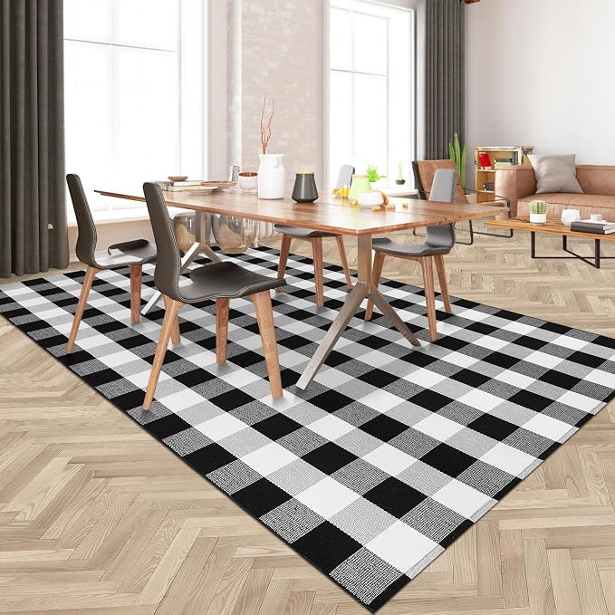 Buffalo Plaid Rug 5x8 Feet Black and White Checkered Area Rug Cotton Indoor Outdoor Washable Farmhouse Decor