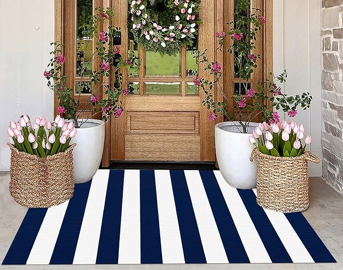 3'x5'Outdoor Rug,Striped Cotton Woven Washable Front Porch Rug Blue and White Farmhouse Entry Rug Indoor Outdoor Area Rug for Porch/Home Entrace Decor/Bedroom/Layered Door Mats