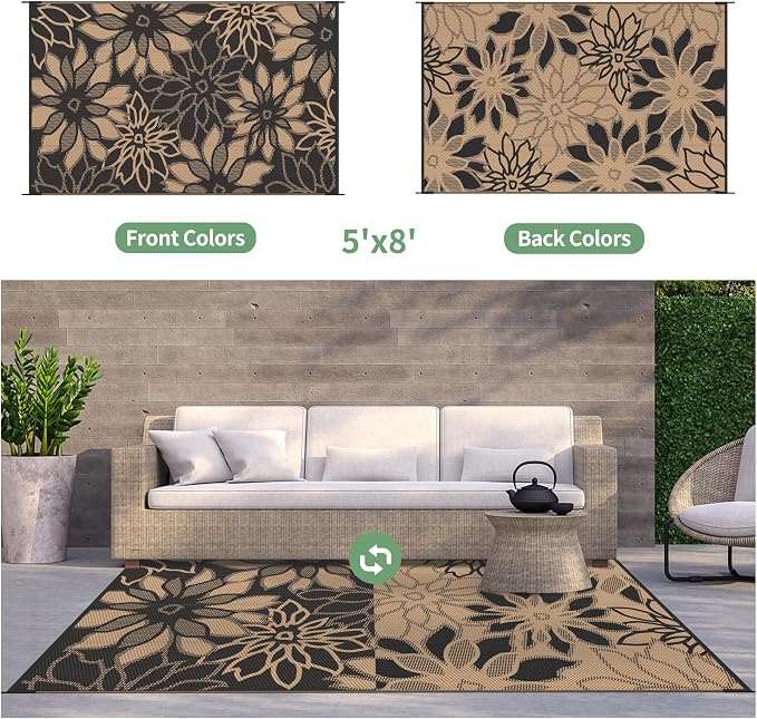 GENIMO Outdoor Rug, Waterproof Plastic Rugs for Patio, 5'x8' Brown | Outside Larger Leaf Carpet Mat for Porch Decor, Deck, Balcony, Camping, RV, Backyard, Picnic, Beach, Reversible, Foldable