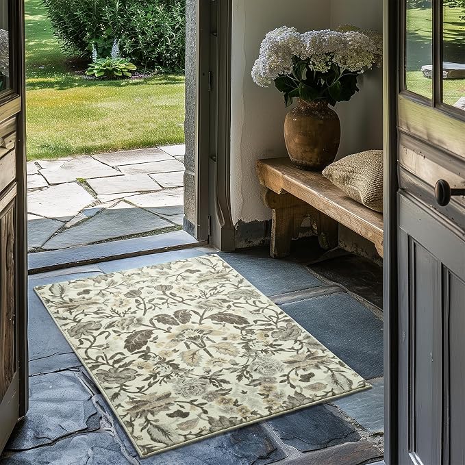 EVERGRACE Area Rugs for Entryway 2x3, Boho Floral Faux Wool Indoor Outdoor Small Rugs, Washable Rugs for Bedroom Bathroom Laundry Doormat, Low Pile Floor Mat Carpet for Home Decor, Gray