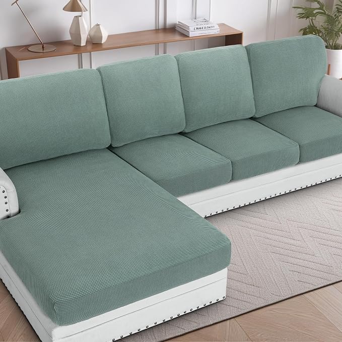 H.VERSAILTEX Sectional Couch Covers 1 Piece Chaise Slipcover L Shape Separate Cushion Couch Cover for Both Left/Right Sectional Couch (Seat Only: 1 Chaises, Sage)