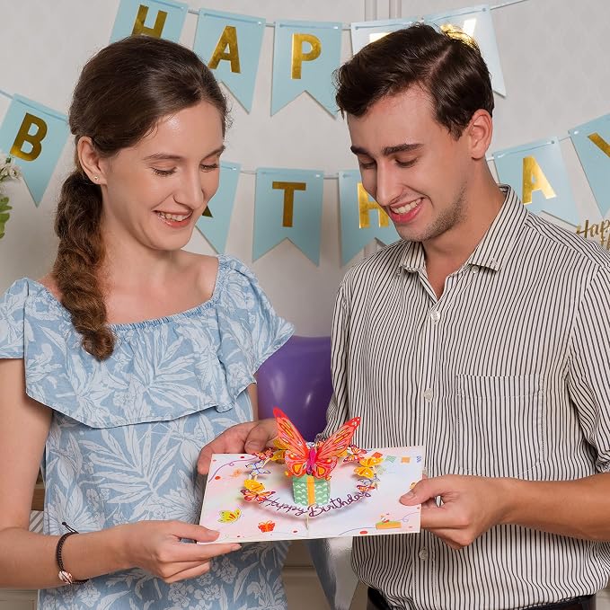 Paper Love Birthday Pop Up Cards 2 Pack - Includes 1 Birthday Butterfly and 1 Butterfly Birthday Cake, For Adults or Kids -5" x 7" Cover - Includes Envelope and Note Tag