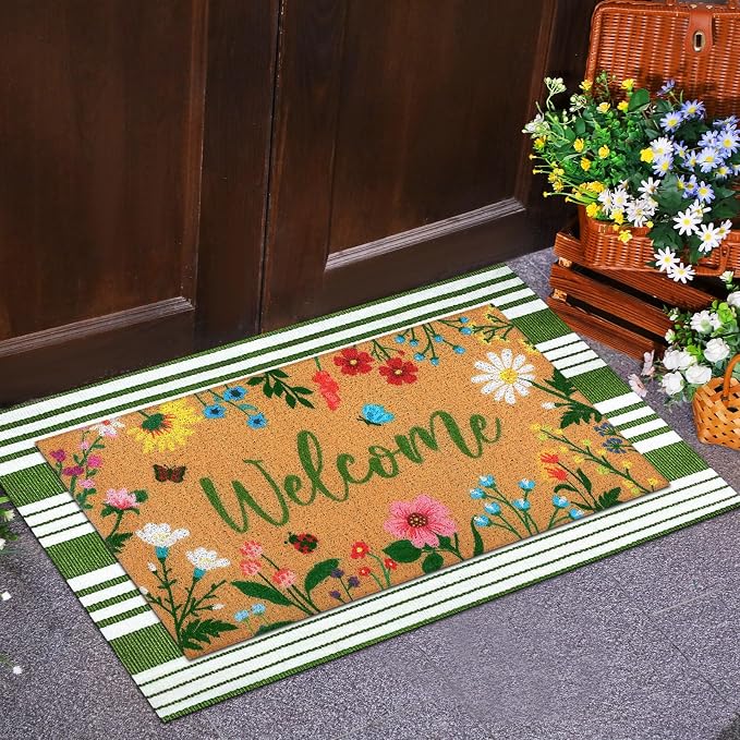 Tinideya 2 Pcs Summer Floral Welcome Door Mat Wildflower Outdoor Layered Doormats for Front Door Non Slip Summer Coir Floor Mat Green White Stripe Rugs for Outside Front Porch Entryway Decor