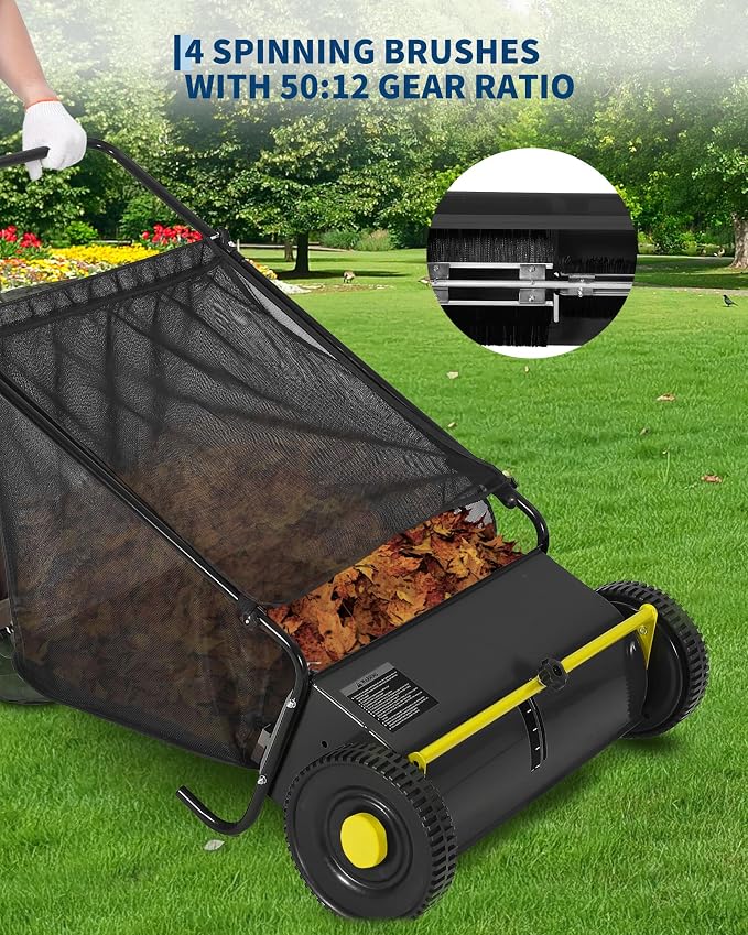 26 Inch Push Lawn Sweeper, 7 Cu.ft Large Capacity Leaf Collector with 4 Spinning Brushes, Adjustable Height Heavy Duty Steel Frame Lawn Sweeper with Rubber Wheels for Yard Garden Grass Leaves Debris