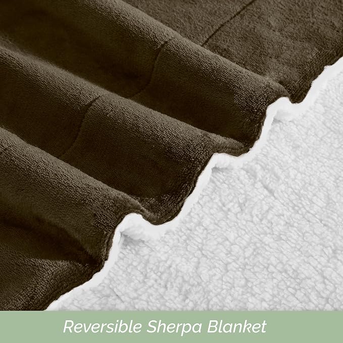Elegant Comfort Ultra Soft Reversible Flannel Sherpa Blanket - Cozy Silky Fleece Throw for Couch, Bed - Plush Fuzzy Warm Winter Blanket for Gift, Full, Brown