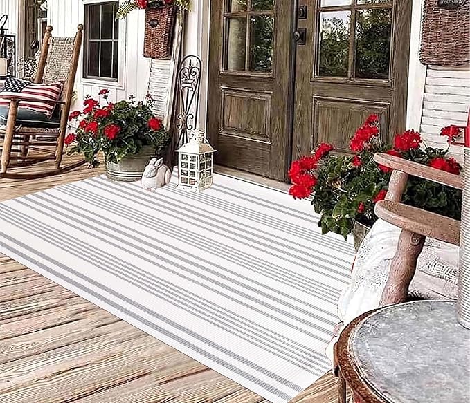 BUAGETUP Grey and White Outdoor Rug 3'x 5' Hand-Woven Cotton Washable Rug Striped Front Porch Rug Indoor/Outdoor Area Rug Floor Mat for Farmhouse/Layered Door Mats/Living Room