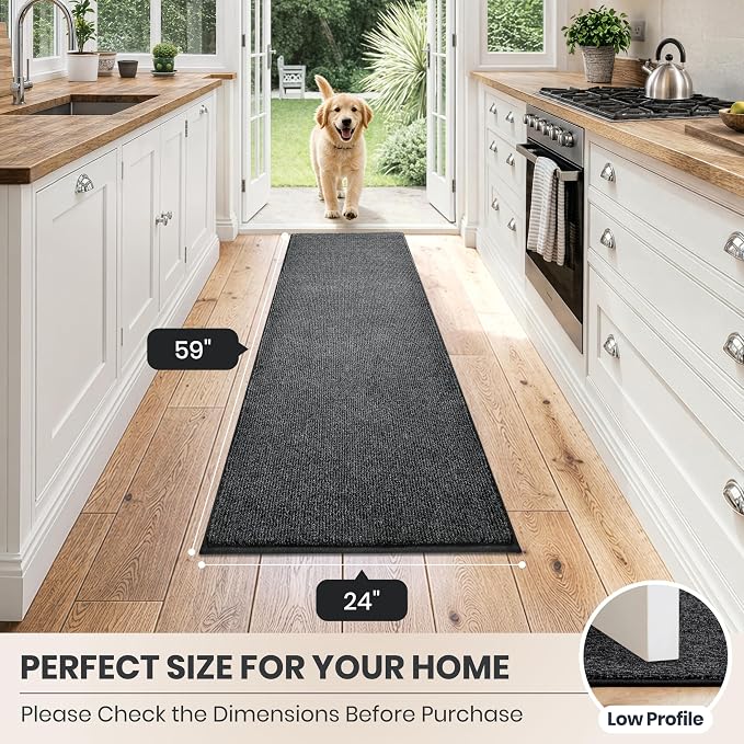 PURRUGS Dirt Trapping Door Mat 24" x 59", Non-Slip Machine Washable Entry Rug, Entrance Mat, Indoor Front Door Mat, Super Absorbent Entryway Rug for Muddy Shoes & Paws, Heathered Charcoal