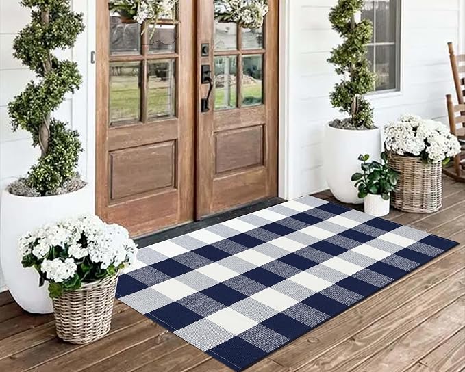 Front Porch Rug 2'X4.3' Blue and White Checkered Outdoor Rug Cotton Woven Washable Halloween Layering Door Mat for Welcome Mat Entryway Bedroom Living Room