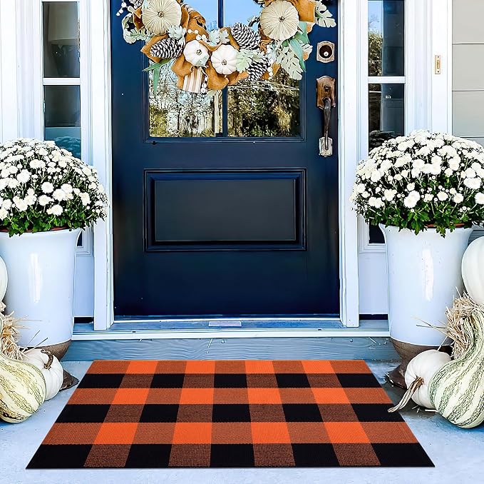Cotton Buffalo Plaid Outdoor Rug 2x3ft Orange and Black Layered Doormat,Halloween Front Door Mat Outdoor,Farmhoue Woven Washable Checkered Rug for Porch, Entryway, Farmhouse, Autumn, Halloween