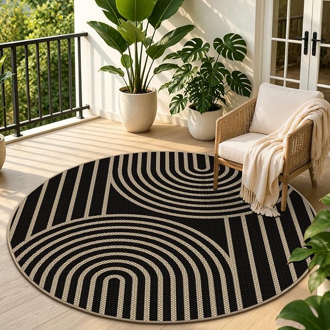 Capslpad Round Faux Jute Rug 6ft Washable Non Slip Area Rugs for Living Room Boho Circle Patio Carpet Low Pile Geometric Indoor Outdoor Rug for Backyard Bedroom Kitchen Entryway,Black&Nature
