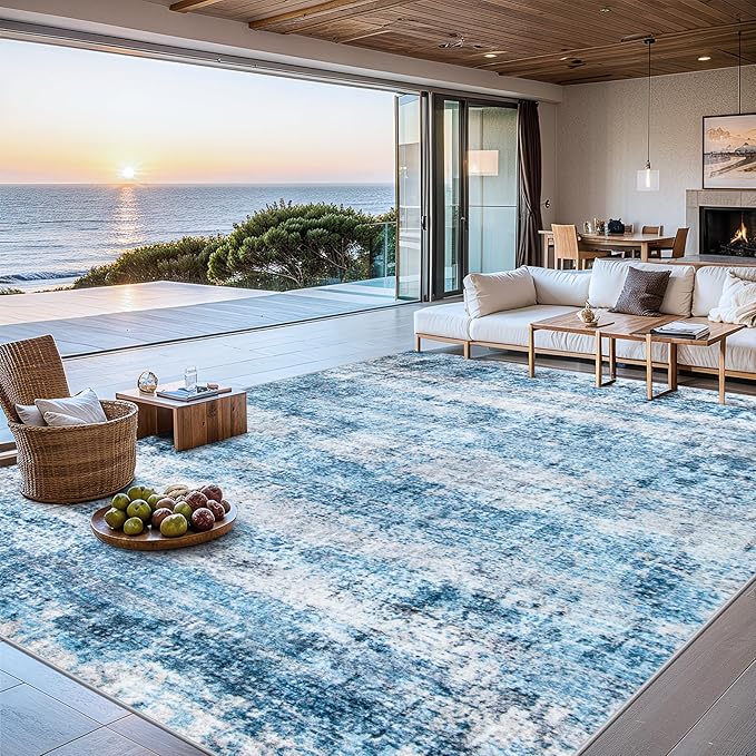 Area Rugs 10x14 Living Room - Washable Rug Modern Abstract Soft Large Neutral Non-Slip Carpet Indoor Floor Thin Carpets for Bedroom Dining Room Farmhouse Nursery Home Office Blue Grey