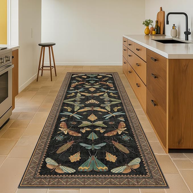 Black Insect 2'6"x10' Washable Extra Long Runner Rugs for Hallways, Non Skid Stain Resistant Wide Rug Runners for Kitchen, Entryway, Dark Floral Boho Butterfly Pattern Indoor Decor