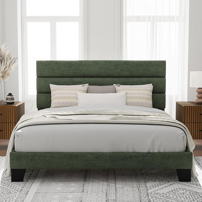 Allewie King Size Platform Bed Frame with Velvet Upholstered Headboard and Wooden Slats Support, Fully Upholstered Mattress Foundation/No Box Spring Needed/Easy Assembly, Green