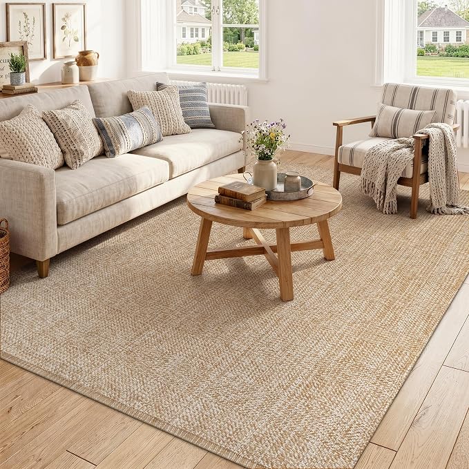 Collive Boho Living Room Area Rugs, 5 X 8 ft Washable Moder Woven Cotton Bedroom Rug, Tan Farmhouse Braided Carpets for Dining Room Nursery Room Dorm Patio Balcony Decor