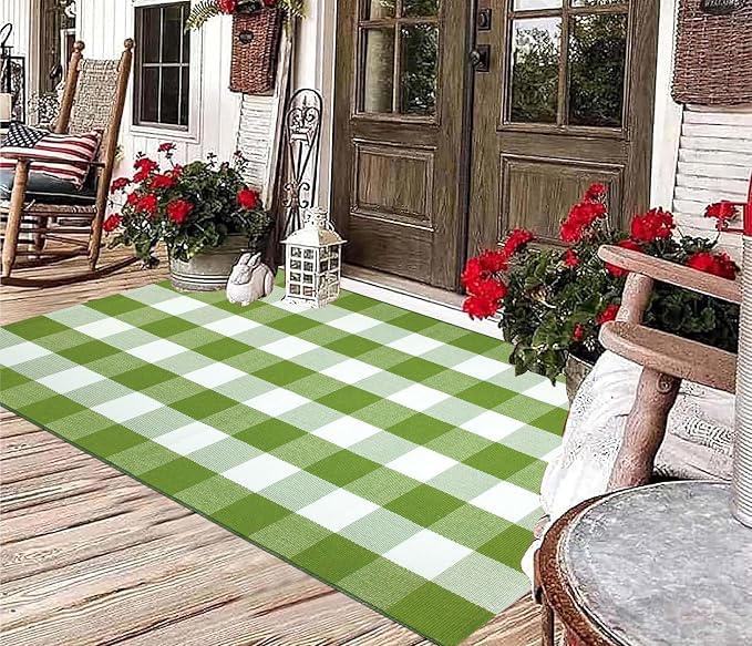 Front Porch Rug 3'x5'Checkered Green and White Outdoor Rug Farmhouse Layered Doormat Machine Washable Front Door Mat Outdoor for Hello Welcome Mat,Bedroom,Entryway,Patio