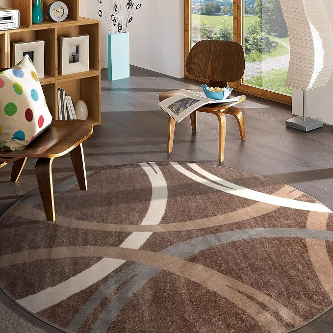 Rugshop Wavy Circles Modern Jute Backing Living Room Round Rug Brown 8' | Round, Bedroom, Dining Room, Home Office, Kitchen, Entryway, Hallway, Nursery, Kids Room, Guest Room, High Traffic Area