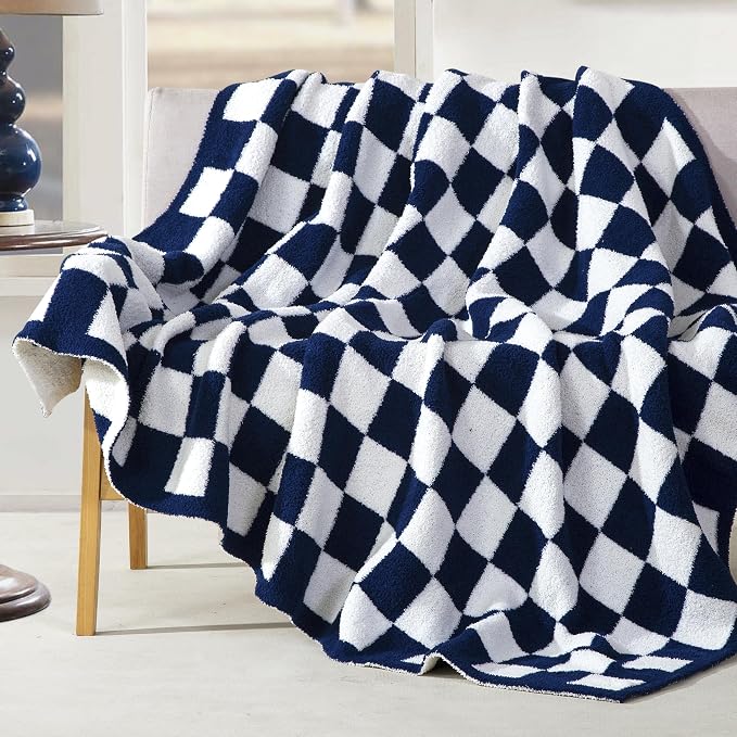 Elegant Comfort Checkered Throw Blanket, Navy Blue Super Soft Cozy Fluffy Warm Throw Blankets for Couch, Sofa, Chair, Bed, Camping, Picnic, Travel Lightweight Bed Blanket (50" x 70")