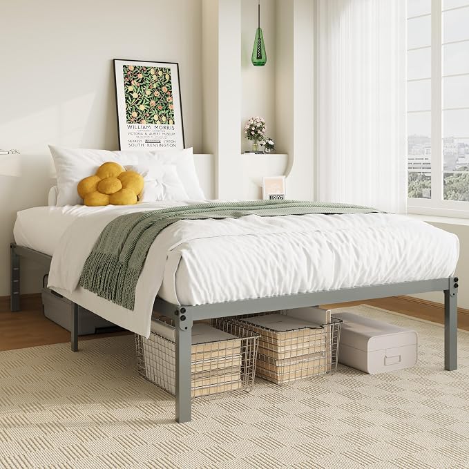 Allewie Twin XL Bed Frame, 14 inch Metal Beds with Storage Space, Grey | Heavy-Duty Metal Platform Beds, Large Under-Bed Storage Space, No Box Spring Needed, Easy Assembly