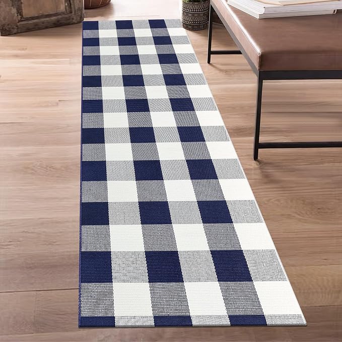 Buffalo Plaid Runner Rug 2x6 Feet Navy and White Checkered Runner Rug Cotton Woven Farmhouse Floor Mat Washable Rugs for Hallway Kitchen Laundry Bedroom Living Room