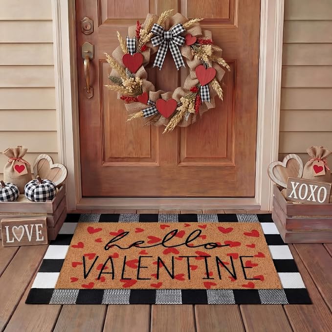 Tinideya 2 Pcs Valentine Door Mat Hello February 14th Welcome Non Slip Coir Mats Red Heart Black and White Plaid Floor Layering Doormats Seasonal for Front Porch Entryway Decor(Valentine)