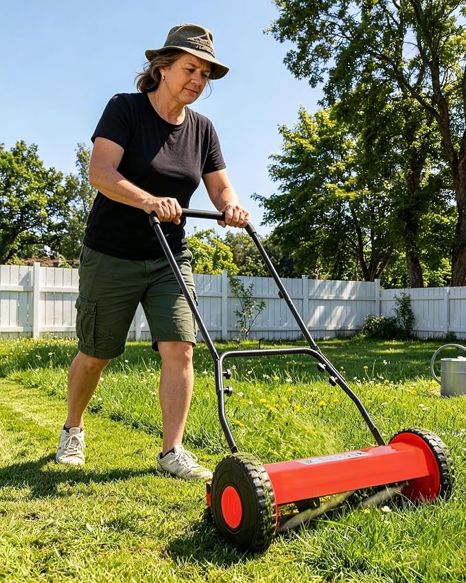 16-Inch Hand Push Reel Lawn Mower, 5-Blade Manual Push Lawnmower | 0.4-4" Adjustable Cutting Height, Lightweight for Small/Medium Yards, Easy Assembly, Compact & Quiet, Red