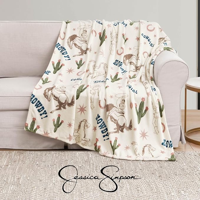 Jessica Simpson Plush 50"X60" Throw Blanket - Giddy Up Cowgirl Beige