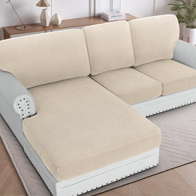 H.VERSAILTEX Sectional Couch Covers 3 Pieces Sofa Seat Cushion Covers L Shape Separate Cushion Couch Chaise Cover for Both Left/Right Sectional Couch (Seat Only: 1 Chaise + 2 Sofa, Natural)