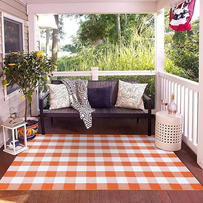 SEEKSEE Buffalo Plaid Rug 4' x 6' Orange and White Large Front Door Mat, Layering Area Rug, Halloween Rug for Outdoor Patio Entryway Indoor Living Room Kitchen Dining Room Decor