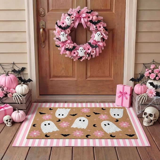 Tinideya 2 Pcs Pink Halloween Layered Doormat Set, Ghost Coir Doormat with Pink White Striped Rug, Cute Halloween Welcome Mats for Front Door Porch Entryway Outdoor Fall Decor