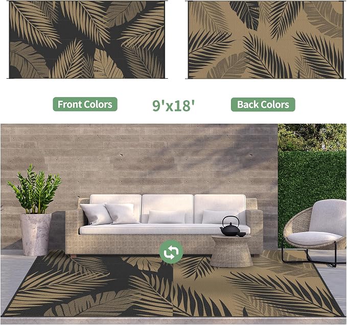 GENIMO Outdoor Rug, Waterproof Plastic Rugs 9'x18' for Camping Black Brown | Outside Larger Leaf Carpet Mat for Patio Decor, RV, Porch, Camper, Deck, Picnic, Beach, Backyard, Reversible, Foldable