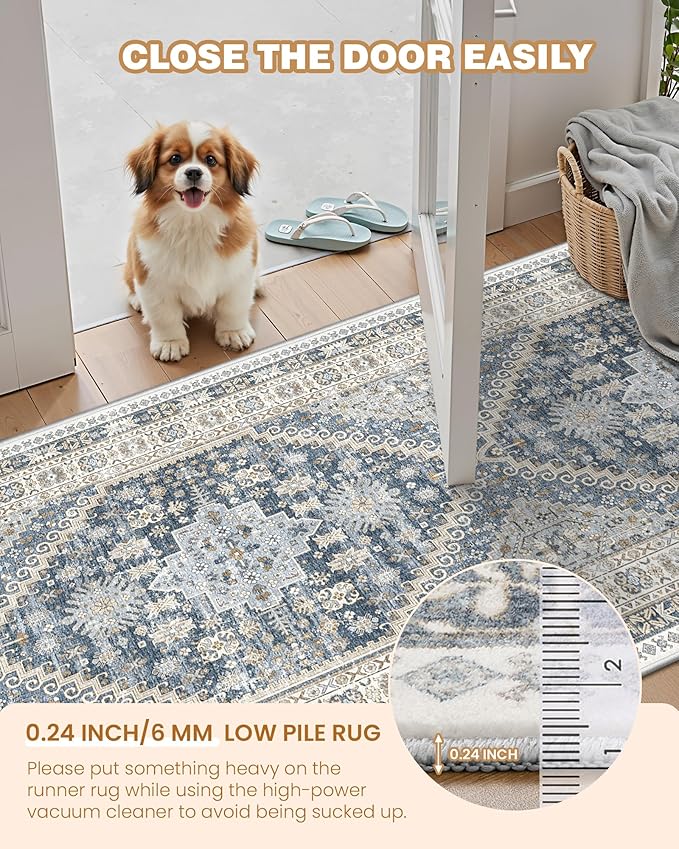3x5 Washable Area Rug for Entryway, Kitchen Rugs Non Slip for Dining Room, Vintage Floral Soft Living Room Rug, Thin Area Rug Indoor for Bedroom, Kids Room Decor(Blue/Beige,3'x5')