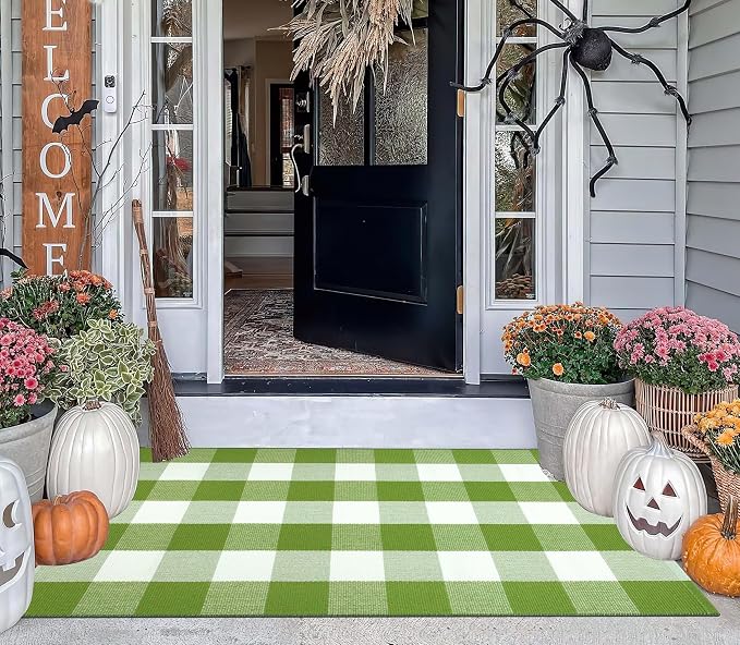 Buffalo Plaid Outdoor Rug 27.5''x 43.3''Green and White Checkered Rug Cotton Machine Washable Farmhouse Mat for Outdoor, Kitchen, Farmhouse, Entryway,Bathroom