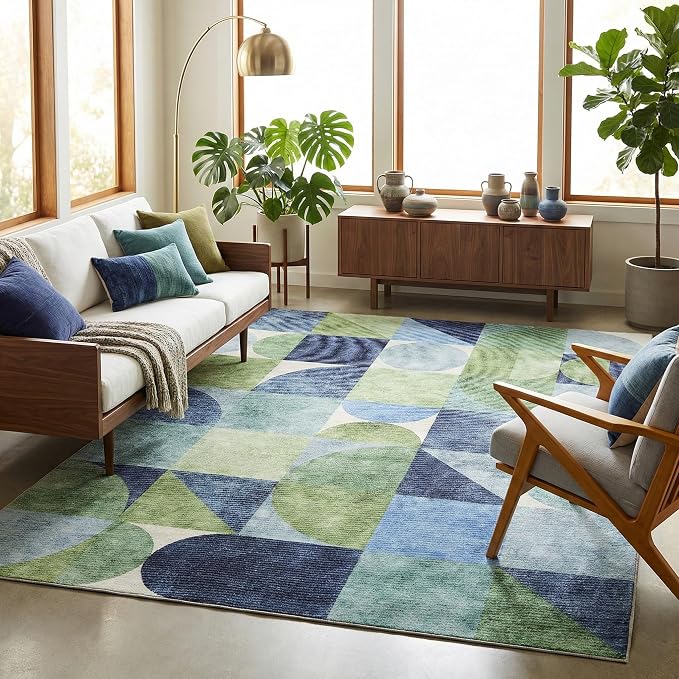 ReaLife Rugs Machine Washable Indoor Outdoor - Mat Rug Foldable Printed Thin Lightweight Cushioned Fade Resistant Patio Deck Dock Porch Pool Balcony Camping - Naya - Blue Green 4' x 6'