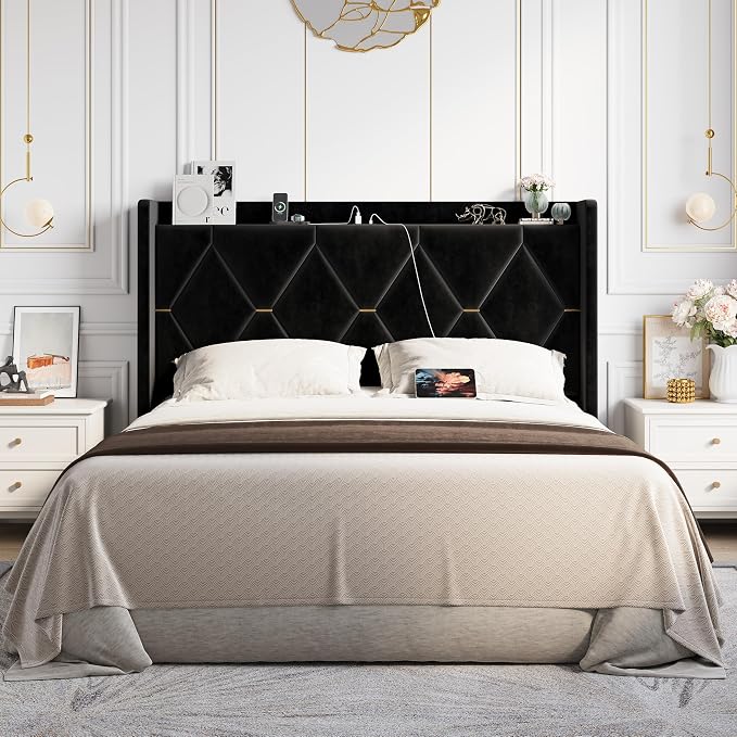 Allewie Queen Bed Frame with Storage Headboard & Charging Station | Diamond Tufted Design & Gold Trim, Velvet Upholstered Platform Bed, No Box Spring Needed, Easy Assembly, Noise-Free, Black
