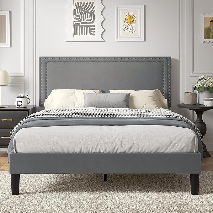 VECELO Queen Size Platform Bed Frame with Height Adjustable Upholstered Headboard, Modern Mattress Foundation,Strong Wood Slat Support, No Box Spring Needed, Easy Assembly,Dark Grey