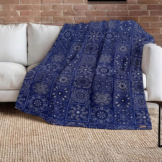 Lucky Brand 50" x 70" Plush Throw Blanket, Bandanny Navy Blue Blanket for Sofa or Bed
