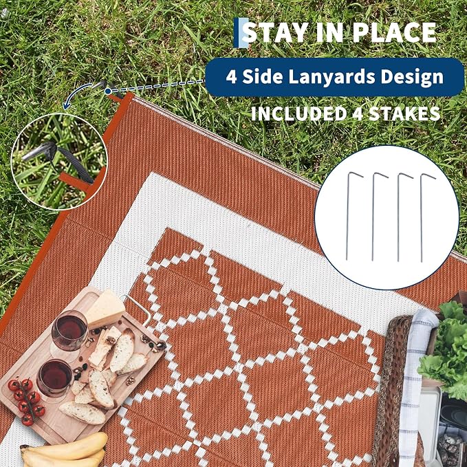 Outdoor Rug 10x14ft Waterproof Reversible Modern Orange & White Plastic Straw Patio Mat Lightweight Easy Clean Fade-Resistant Garden Carpet for Deck Camping RV Beach Porch