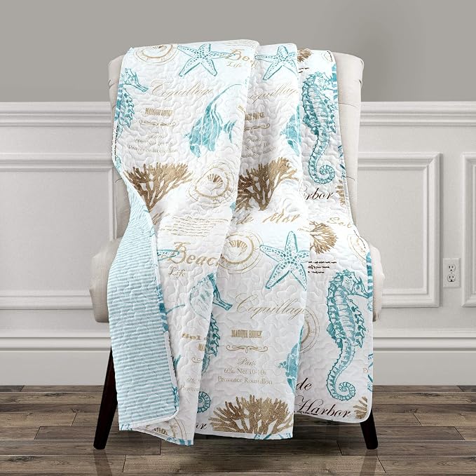 Lush Decor Harbor Life Throw Blanket, 50" W x 60" L, Blue & Taupe - Throw Blankets for Bed - Couch Blanket - Coastal Throw Blanket for Couch
