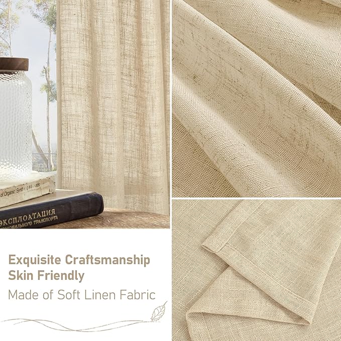 LAMIT 24 Inch Cafe Linen Curtains for Kitchen Window, Semi Sheer Light Filtering Short Curtains Back Tab and Rod Pocket Neutral Drapes for Bathroom/Basement, 2 Panels, Linen, 34 x 24 Inch