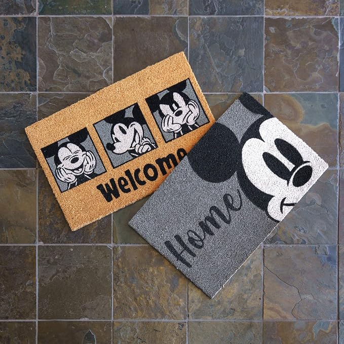 Gertmenian Disney Mickey Mouse Coir Doormat - 2x3 Welcome Mat (2-Pack), Ideal for High Traffic Areas in Front Door, Garage, Entryway - Retro Mickey Home/Welcome, Grey, 47318