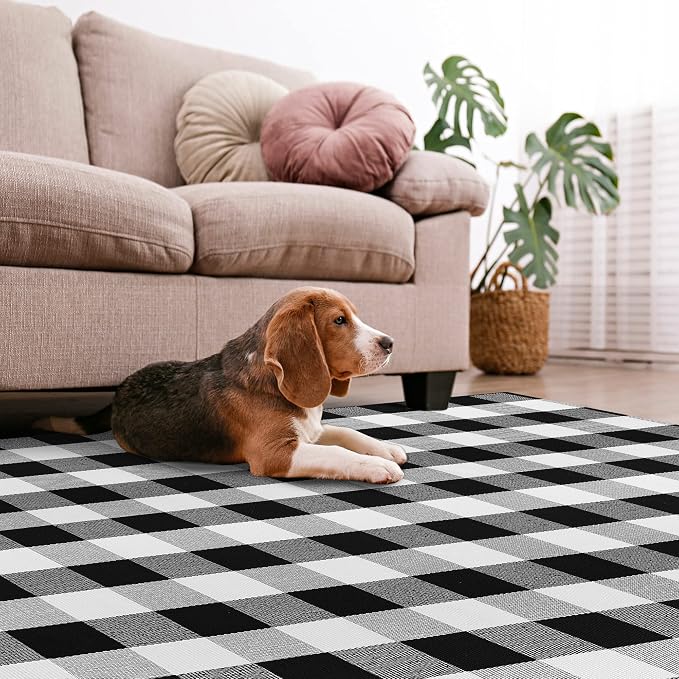Buffalo Plaid Rug - 6x9 Feet, Black and White Checkered, Cotton Woven, Washable Indoor/Outdoor Area Rug for Living Room, Dining Room, Bedroom, Patio