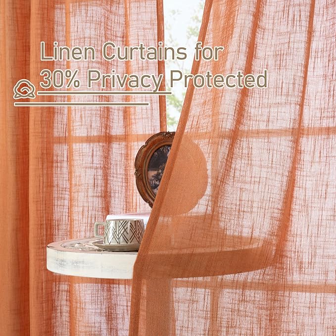 LAMIT 102 Inches Long Linen Curtains for Living Room, Back Tab and Rod Pocket Semi Sheer Curtains Light Filtering Farmhouse Drapes for Bedroom/Dining Room, Burnt Orange, Set of 2, 52 x 102 Inch