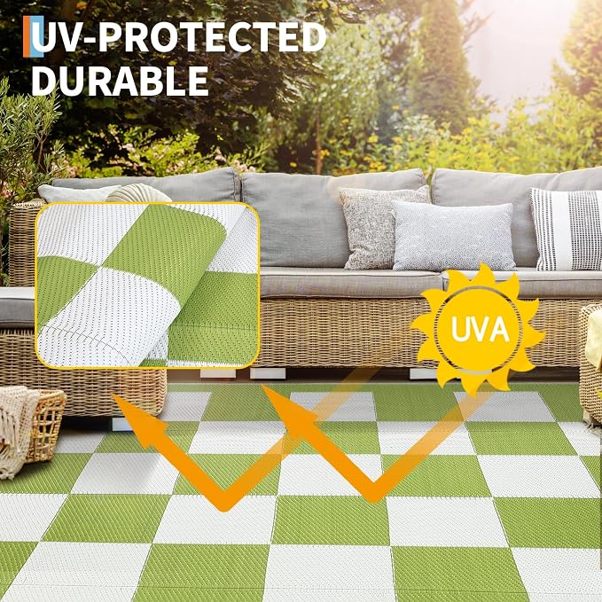 GarveeHome Outdoor Rug 8 x 10 Waterproof Checkboard Woven Carpet, Large Reversible Plastic Straw Rug, Foldable Modern Geometric Plaid Outside Camping Rug for Picnic, Backyard, Deck, Green White
